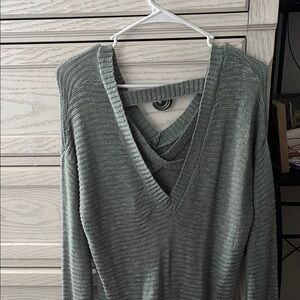 Pink Rose V-Neck Sweater in Soft Green